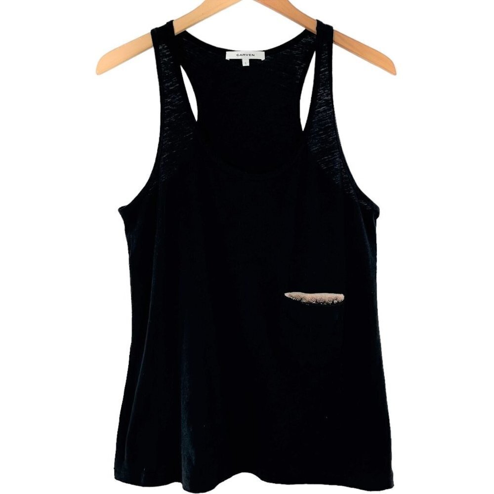 CARVEN Black Cotton Jersey Sleeveless Beaded Pocket A-Line Tank Top Size Large